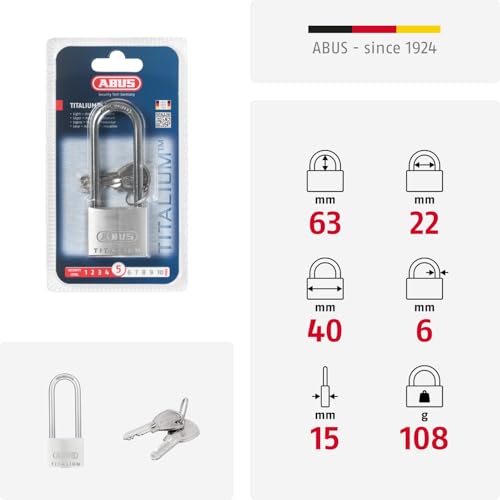 ABUS 1 / Gray / 40 mm Lock Body, High Shackle 63 mm Keyed Padlocks