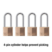 Master Lock 4 Pack / Extra Long Shackle / Brass, Silver Keyed Padlocks