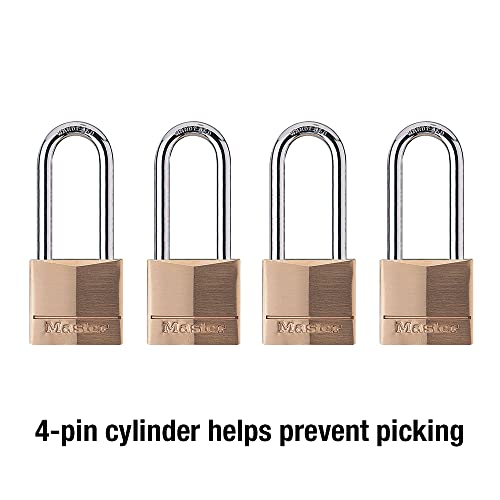 Master Lock 4 Pack / Extra Long Shackle / Brass, Silver Keyed Padlocks