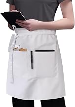 GSHLLO 3 Pocket Waist Apron Short Waterproof Serving Apron Oil Resistant Server Aprons Half Waitress Aprons Chef Cooking Bib White