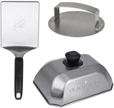 Griddle Cooking Hamburger Kit, 3 Piece, Stainless Steel | Blackstone® 5462 Metal Flipper Spatula Turner, Basting Cover, Hamburger Press Patty, Stainless Steel, Griddle Accessories