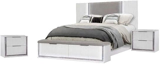 White Wood Queen Platform Bed with LED Lights and Storage