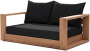 Black Fabric Outdoor Loveseat with Cushions, Contemporary Style, Light Teak Finish, Comfortable Arm and Back Height