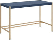 Navy Blue and Gold Finish Writing Desk with Contemporary Style, MDF and Metal Construction, Rectangular Shape for Modern Office Space