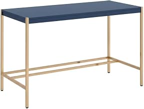 Navy Blue and Gold Finish Writing Desk with Contemporary Style, MDF and Metal Construction, Rectangular Shape for Modern Office Space
