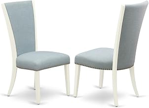 Furnifact Linen-Upholstered Dining Chairs Set of 2 with Nail Head Trim, Upholstered Dining Room Chairs Kitchen Parsons Chairs, Blue