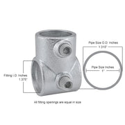 1" Size Single Socket Tee Pipe Fitting (1.375" Fitting I.D.) by Global Industrial – 2"L x 2.75"W x 1.75"H, Galvanized Iron, Gray, Model 798720