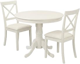 Furnifact Wood Dining Furniture Set, Round Pedestal Kitchen Table with Faux Leather Chairs, Small Dining Room Table Set for 4, Linen White