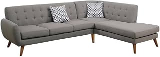 2 Pc L Shape Sectional Sofa, Gray Linen-Like Polyfiber Upholstery, Tufted Cushions, Wooden Legs, Includes 2 Throw Pillows and Chaise, 80 x 111 x 33 in, Modern Living Room Seating