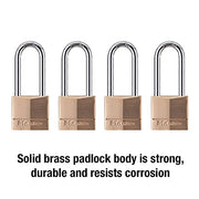 Master Lock 4 Pack / Extra Long Shackle / Brass, Silver Keyed Padlocks