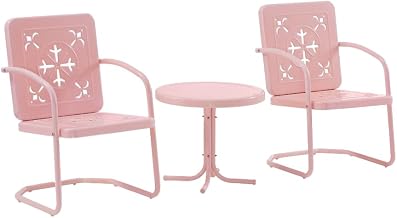 Crosley Furniture Azalea 3-Piece Vintage Outdoor Chair and Side Table Set, Retro Metal Patio Conversation Sets, Pastel Pink Gloss