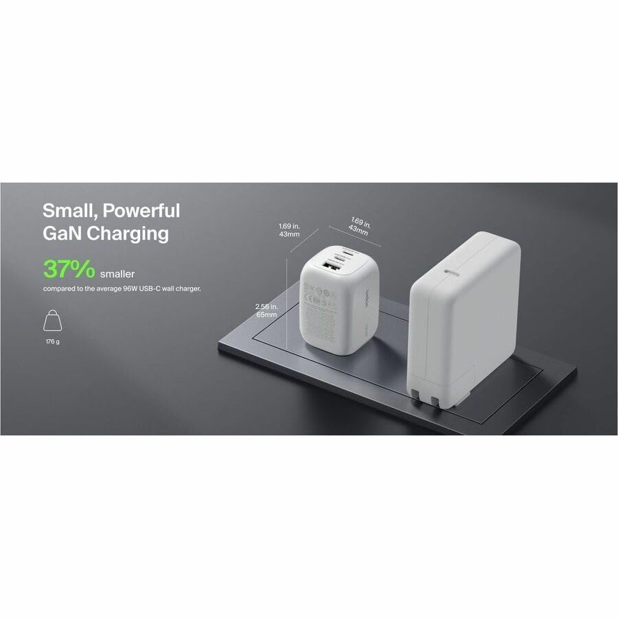 100W GaN 3-Port USB Wall Charger - 1xUSB-A by Belkin – 1.7" x 1.7", White, Model WCH016dqWH