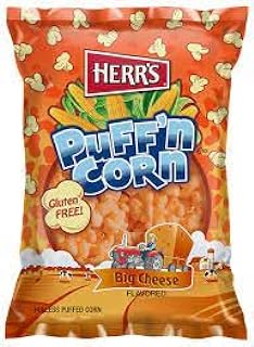 HERR'S Cheesy Hulless Puff'n Corn, 4.5 Ounce (Pack of 12 Bags) – Light, Cheesy Puffed Corn with No Hulls – Great for Mess-Free Snacking