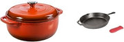 Lodge Enameled Cast Iron Dutch Oven, 6 Qt, Poppy & Cast Iron Skillet with Red Silicone Hot Handle Holder, 12-inch
