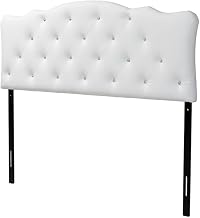 Furnifact White Faux Leather Upholstered Headboard, Button-Tufted Scalloped Design, Hardwood, Plywood Frame, Faux Crystal Accents, Contemporary Style