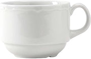 Tuxton Charleston Porcelain White Scalloped 8-Ounce Stackable Cup, Case of 36, Bright White; Scratch Resistant; Chip Resistant; Lead & Cadmium Free; Dishwasher, Microwave, Oven Safe