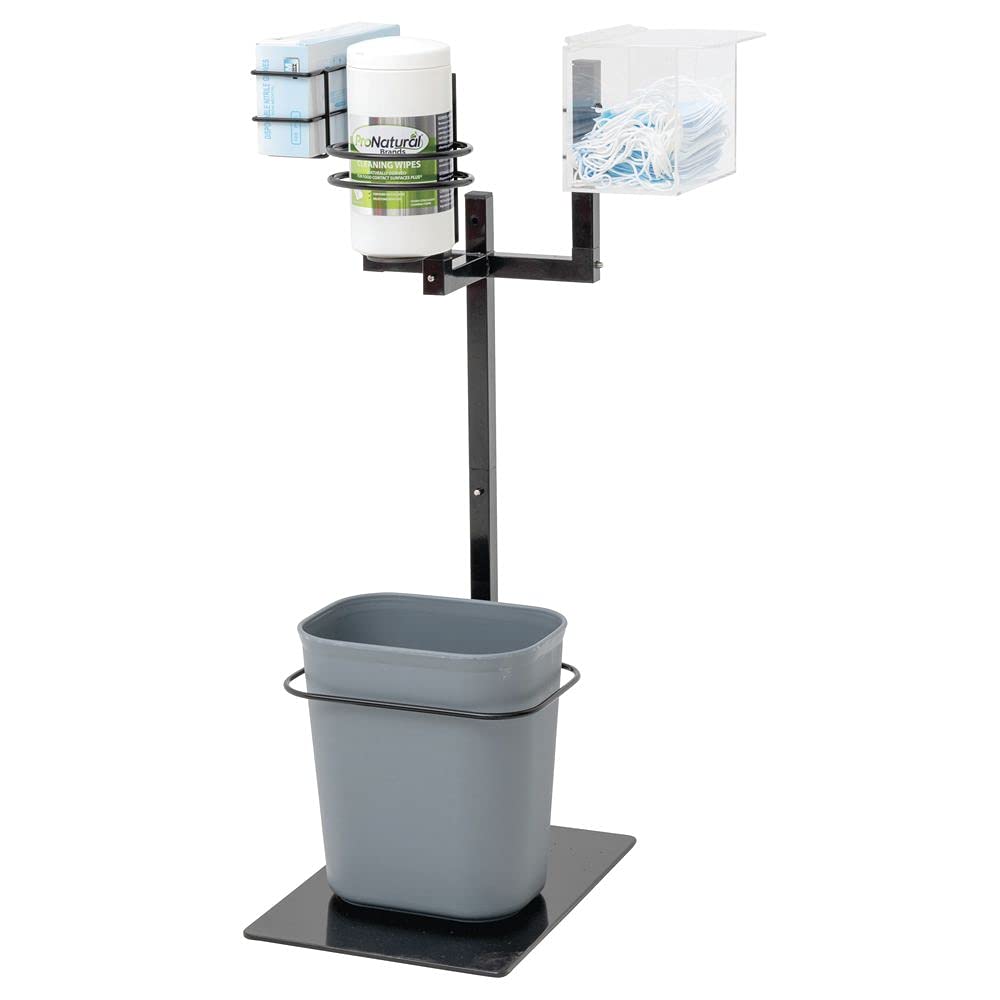 Black Triple Arm Modular PPE Sanitizer Stand with Trash Can - 15 1/5"L x 12 3/5"W x 29"H by HUBERT – 15.2 inches x 12.6 inches x 29 inches, 15.0 quarts, Model 19617/44752/247
