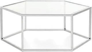 Furnifact Silver Chrome Glass Coffee Table, Metal Frame, Modern Design, Durable Iron Tube, Lightweight Construction, Living Room Use