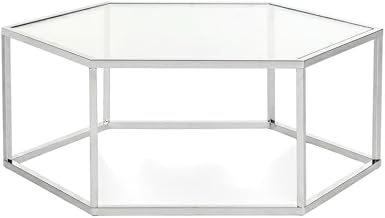 Furnifact Silver Chrome Glass Coffee Table, Metal Frame, Modern Design, Durable Iron Tube, Lightweight Construction, Living Room Use