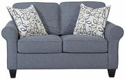 Blue Loveseat with Pillows - Cottage Style Round Arm Sofa, Linen-Like Fabric