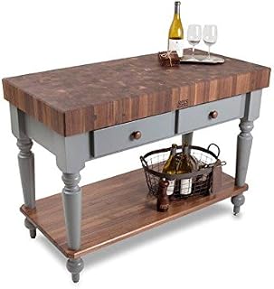 John Boos Walnut Rustica - 4" Thick Butcher Block - 48" W x 24" D w/Shelf, Walnut Stained Base
