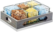 Ashwood Collection – Jar Display – 12.75W x 9D x 4.5H – Gray-Washed Oak, 6 Glass Jars, Mirror Metal Base