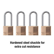 Master Lock 4 Pack / Extra Long Shackle / Brass, Silver Keyed Padlocks