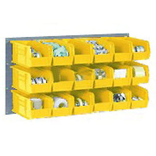 Wall Bin Rack with 8 Yellow Bins by Global Industrial – 14"L x 36"W x 19"H, Alloy Steel, Grey, Model 550203YL