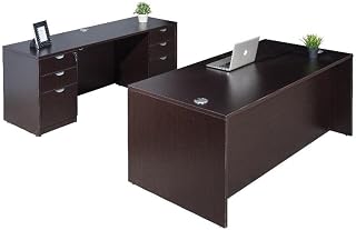 Boss Office Products Holland Executive Desk and Credenza with Dual File Storage Pedestals, 66", Mocha