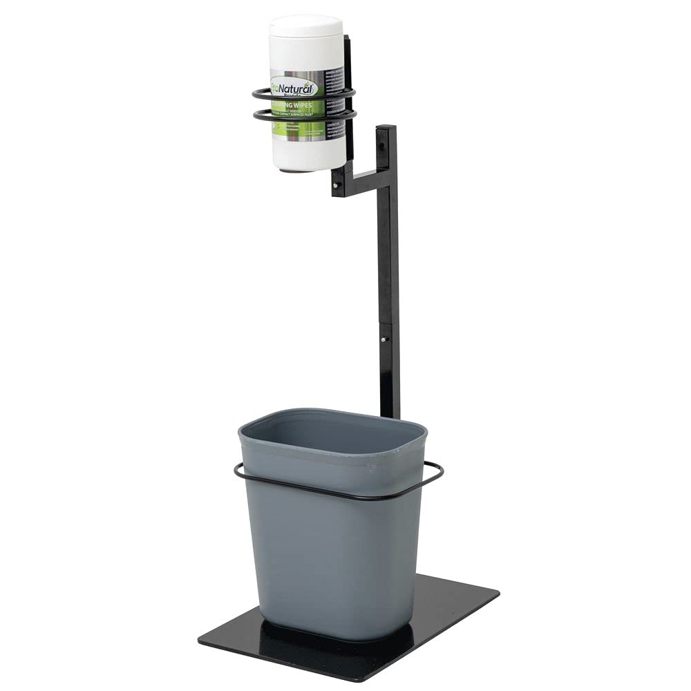 Black Single Arm Modular PPE Sanitizer Stand with Trash Can - 15 1/5" L x 12 3/5" W x 29" H by HUBERT – 15 quarts (18.927 liters), 15.0 quarts, Steel, Black, Model 19617/23014/247