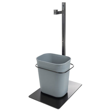 Black Single Arm Modular PPE Sanitizer Stand with Trash Can - 15 1/5" L x 12 3/5" W x 29" H by HUBERT – 15 quarts (18.927 liters), 15.0 quarts, Steel, Black, Model 19617/23014/247