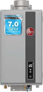 Rheem RTG Series 7.0 GPM Natural Gas Tankless Water Heater Indoor | 160,000 BTUs High Efficiency On Demand, Continuous Hot Water | Non-Condensing