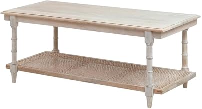 Furnifact Whitewash Wood and Cane Coffee Table, Rectangular Design, Mango Wood and Rattan Construction, Sturdy 250 lbs Weight Capacity, Modern Style