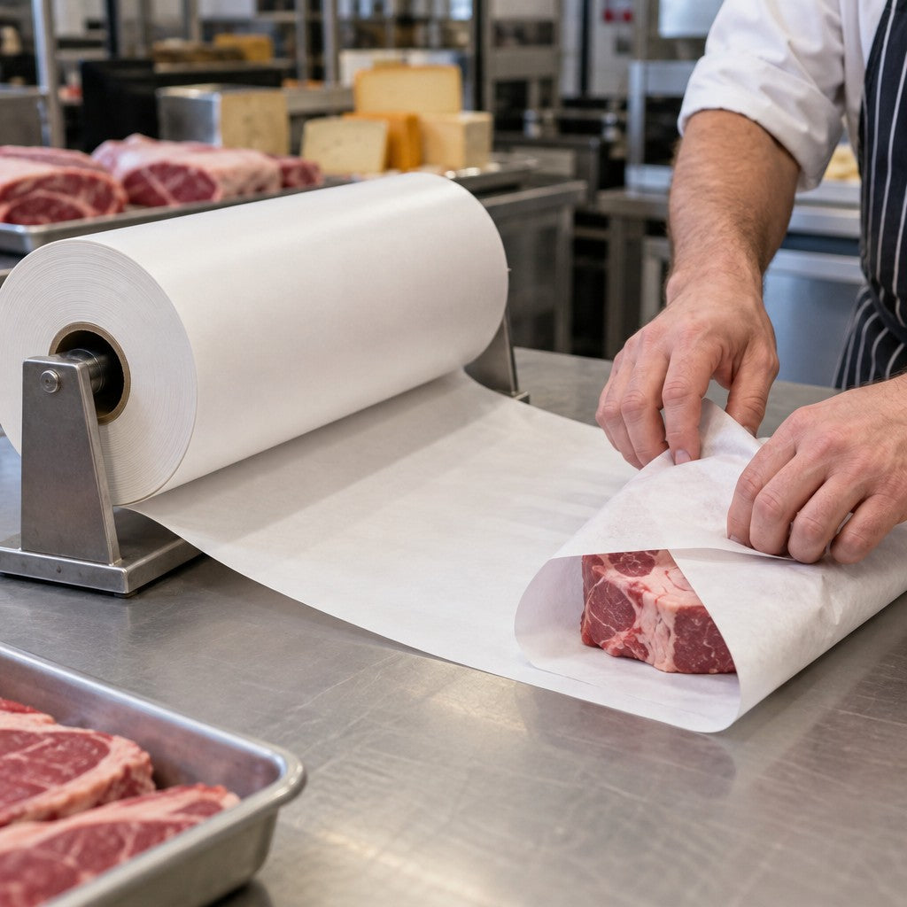 Choice Freezer Paper Roll, 1,000' Long, White - in use