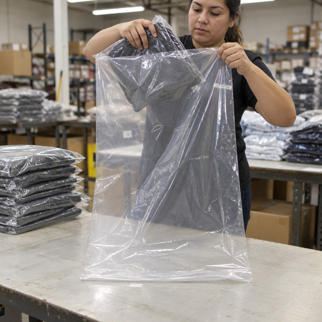 Lavex Polyethylene Bag, 48" High, Clear - in use