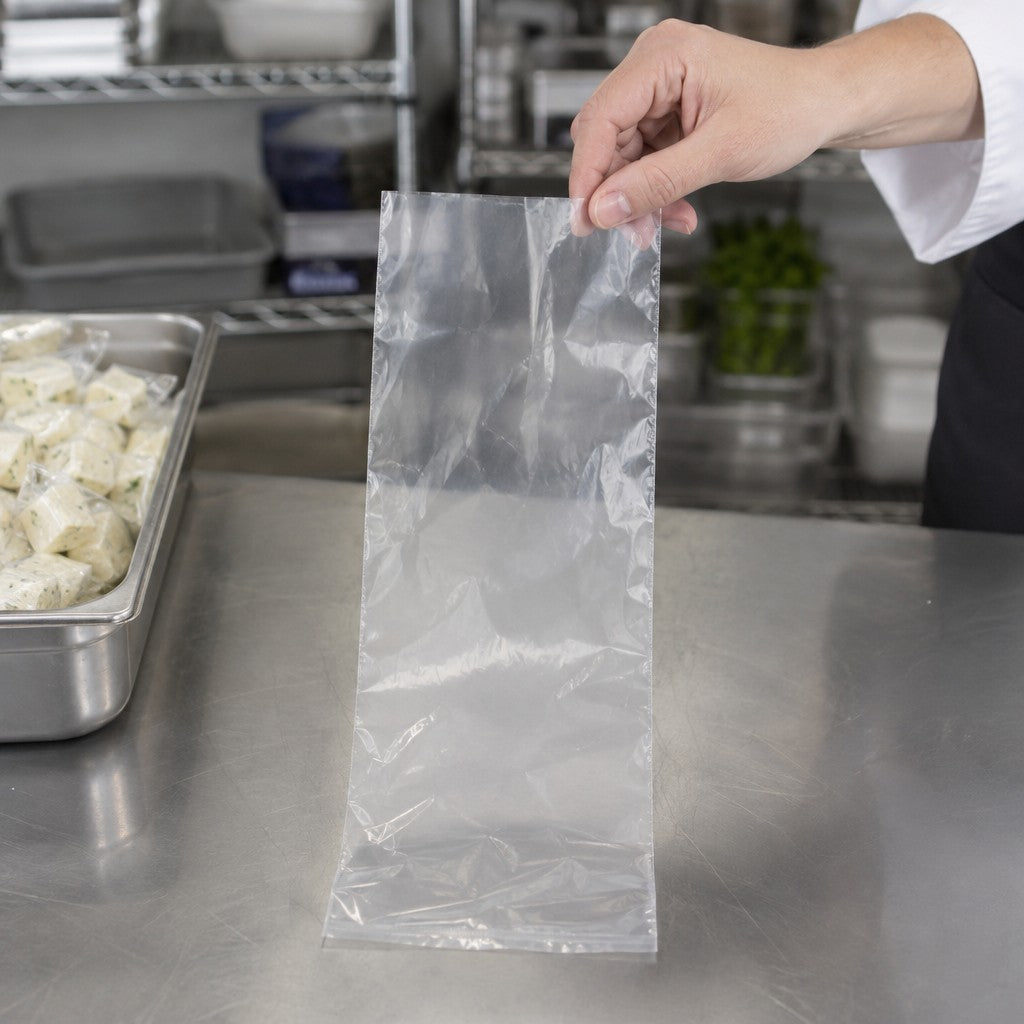 Lavex Polyethylene Bag, 4" Wide, Clear, 1,000/Case - in use