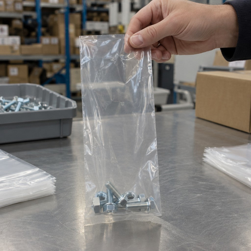 Lavex Polyethylene Bag, 4" Wide, Clear, 1,000/Case - in use