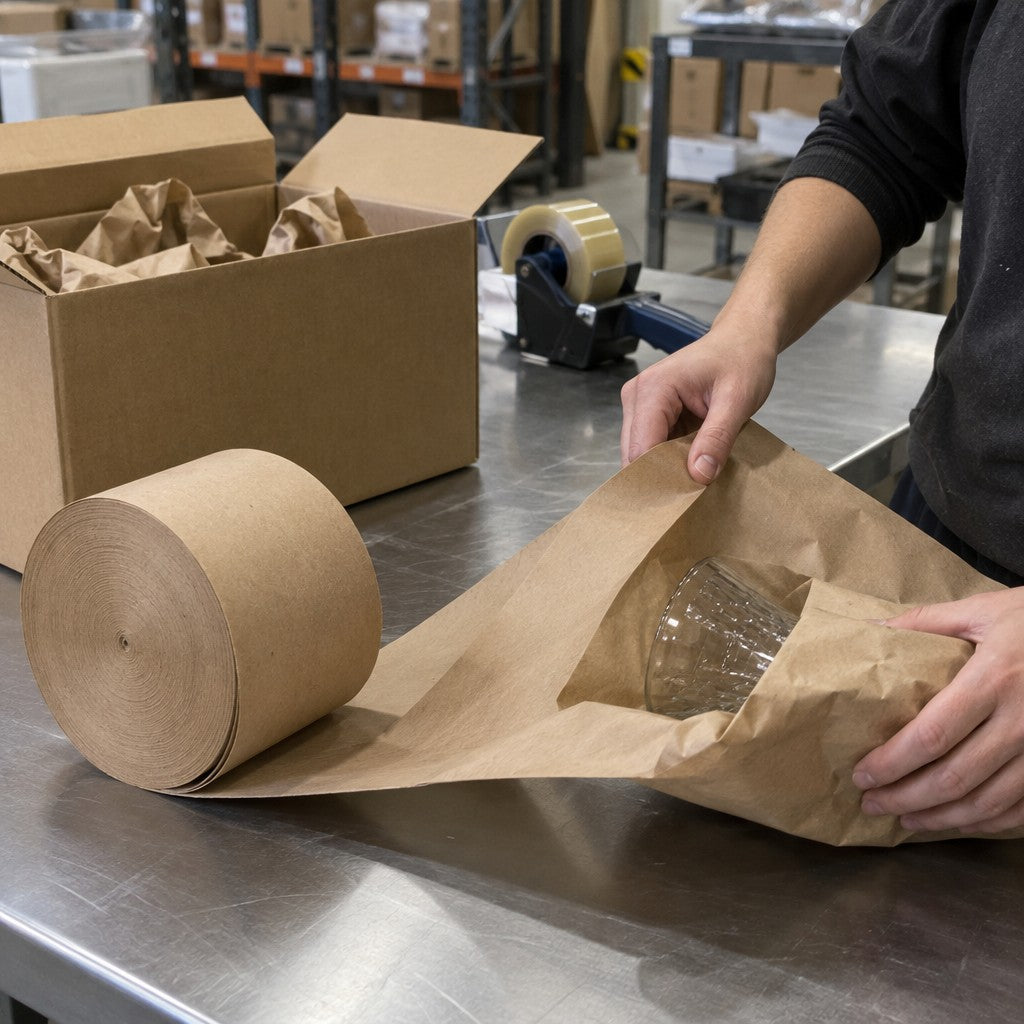 Lavex Packing Paper, 1,200' Long, Kraft - in use