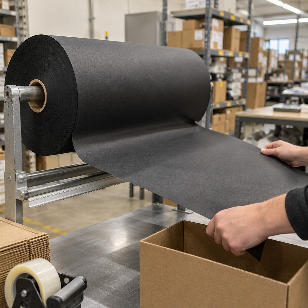 Lavex Packing Paper Roll, 720' Long, Black - in use