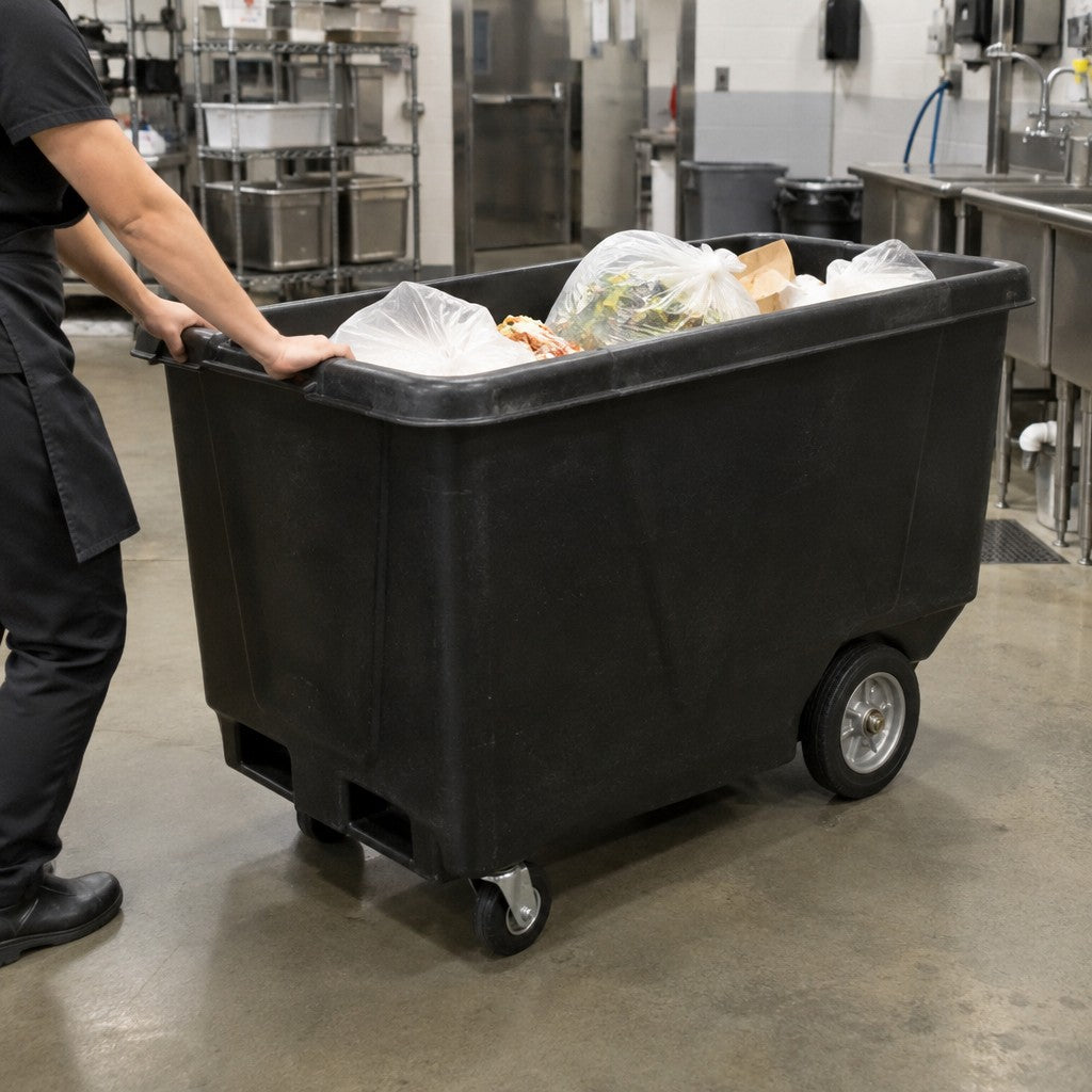 Lavex Plastic Trash Cart Capacity, 34" Wide, Black - in use
