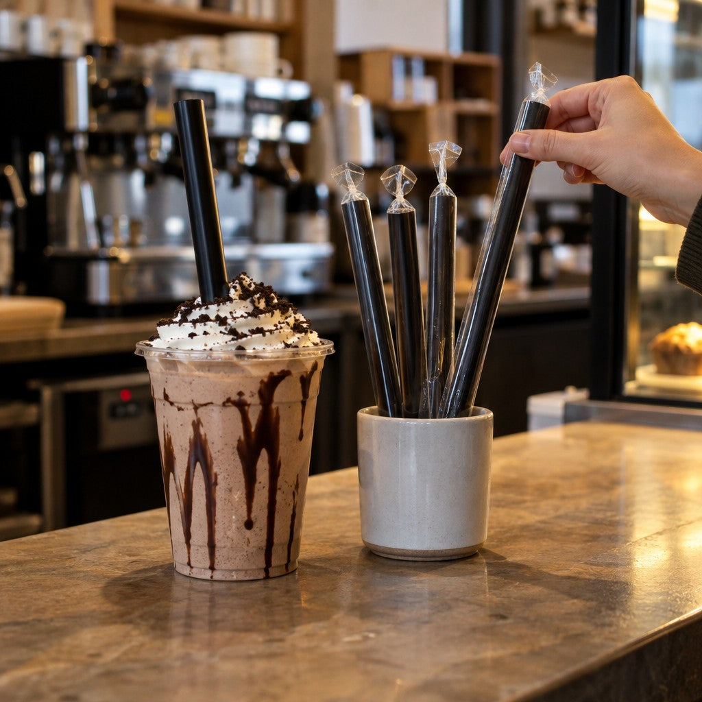Choice Plastic Straw, Colossal Straws, Black - in use