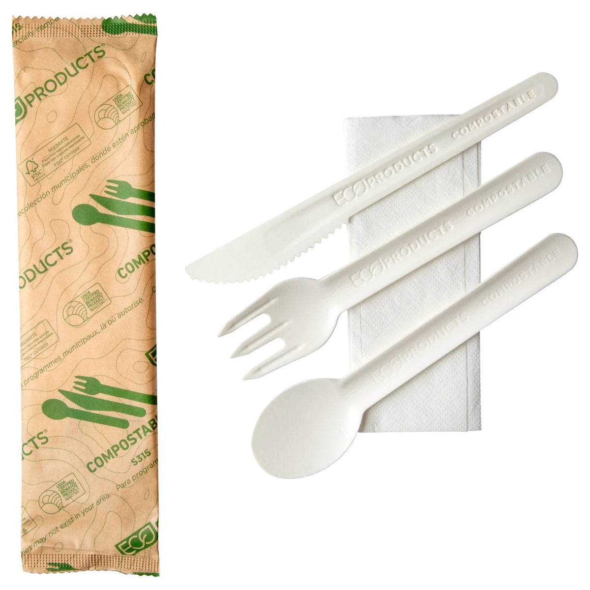 Eco-Products Paper Knife, 6 1/2" Long, White - Assorted Cutlery Pack Napkin 250/Case
