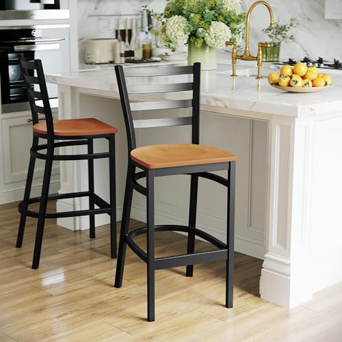 Flash Furniture Natural Wood Seat/Black Metal Frame / Set of 2 / Traditional (Pack of 2) Barstools