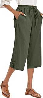Womens Cotton Pants Wide Leg Linen-Like Capri Loose Fit Drawstring Elastic Waist Trousers Casual Summer Palazzo Capri