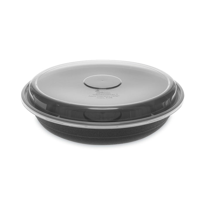 Pactiv Evergreen earthchoice versa2go microwaveable container, 46 oz, 9 x 9 x 1.7, black/clear, plastic, 150/carton