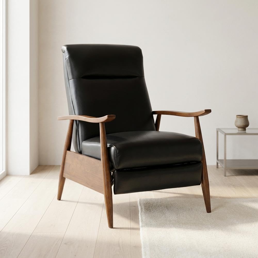Semi-Leather Push Back Recliner with Wood Arms by Furnifact – Hardwood and plywood frame construction, Leather Gel, Black