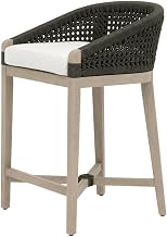 Montecito Brown Outdoor Counter Stool, Teak Wood Frame, Reversible Seat Cushion, Footrest, Removable Cushions, White Speckle Rope