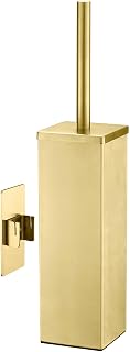 Metal Cap Gold Brushed Stainless Steel Toilet Brush, Square No Drill | No-Punch Hook Base, Removable Inner Bucket, Splash Proof Cover, Soft Bristles, Toilet Brush Holder