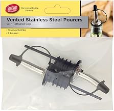 Tablecraft Stainless Steel Pourers with black Tethered Cap, (2 Pack), Silver