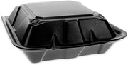 Pactiv Evergreen Vented Foam Hinged Lid Container, Dual Tab Lock, 9 x 9 x 3.25, Black, 150/Carton